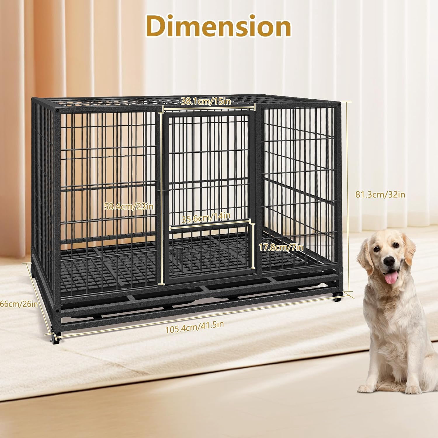 Jhsomdr 42 inch Heavy Duty Dog Crate with Wheels, Indestructible Dog Crate for High Anxiety, Escape Proof Dog Cage Large Dog Kennel with Double Door & Removable Tray