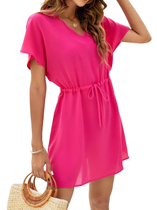 DAKIMOE Womens Summer Swimsuit Cover Up VNeck Swim Cover Ups for Women Short Sleeve Bathing