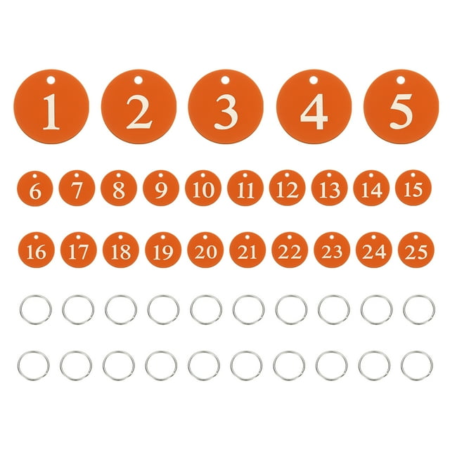 25PCS Number Tags 1-25, Number Key Tags Aluminum Numbered Tags Metal Key Tags Keychain with Key Rings for Organizer Field Sales Hangers Clothes Labels ID Tag, Orange