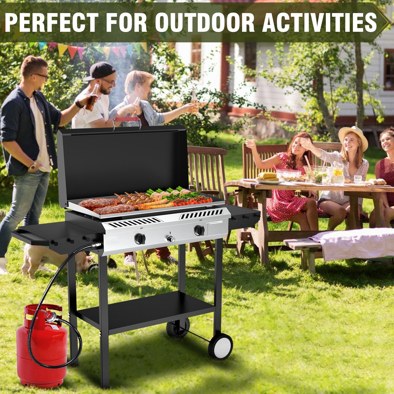 Frizi 2 Burner Gas Stove with Griddle, 150,000 BTU Propane Stove with Auto Ignition & Regulator, High-Pressure, Cast Iron