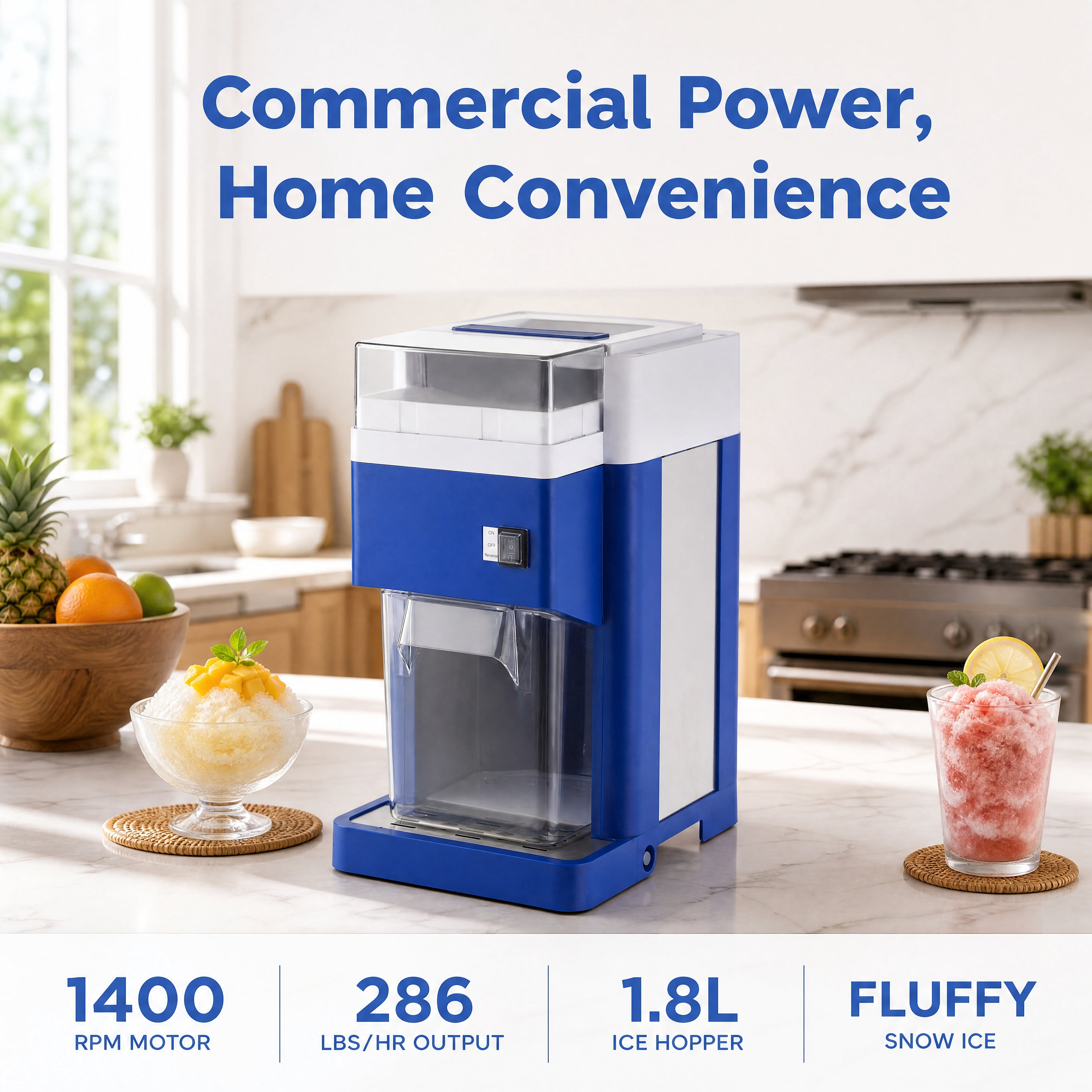 Commercial Electric Ice Shaver Machine 1.8L Large Capacity Snow Cone Maker 300W Motor Stainless Steel Blades Fluffy Shaved Ice Machine for Home Party Dessert Shop Restaurant Blue
