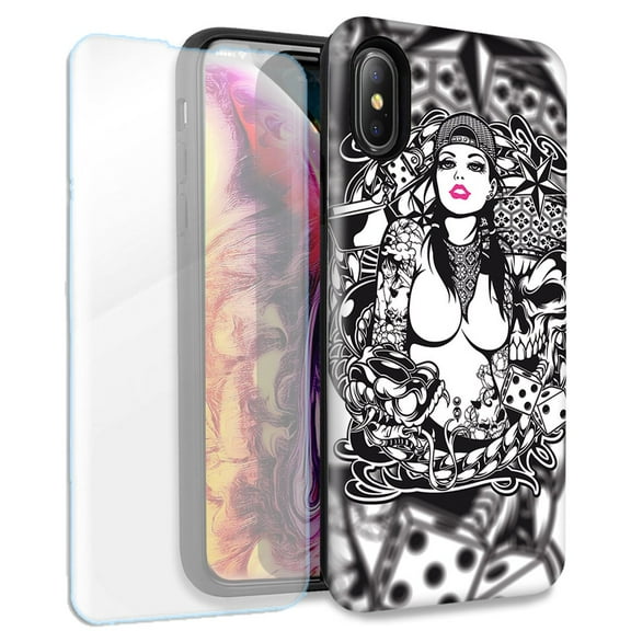 Mundaze Tattoo Skull Girl Double Layer Case w/Glass Screen Protector For Apple iPhone XS Max