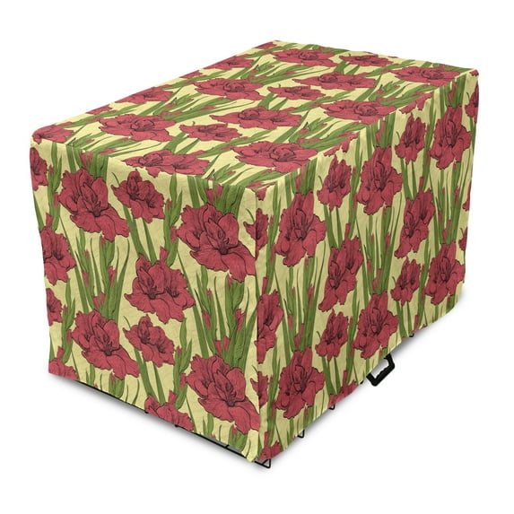 Flower Dog Crate Cover, Hand Drawn Like Sketchy Floral Pattern of Gladiolus Spring Season Blooms, Easy to Use Pet Kennel Cover Small Dogs Puppies Kittens, 7 Sizes, Yellow Coral and Green, by Ambesonne