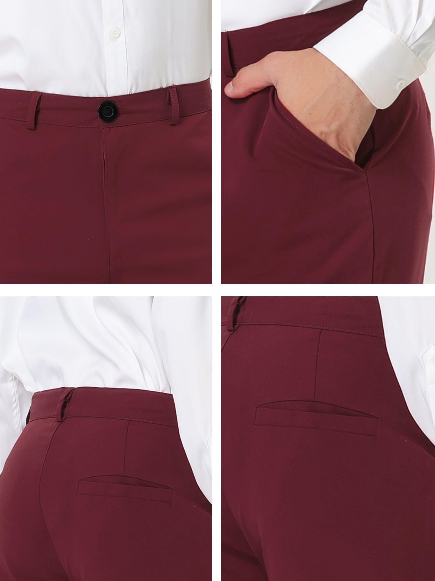 Unique Bargains Men's Slim Fit Flat Front Solid Color Business Chino Trouser 38 Burgundy