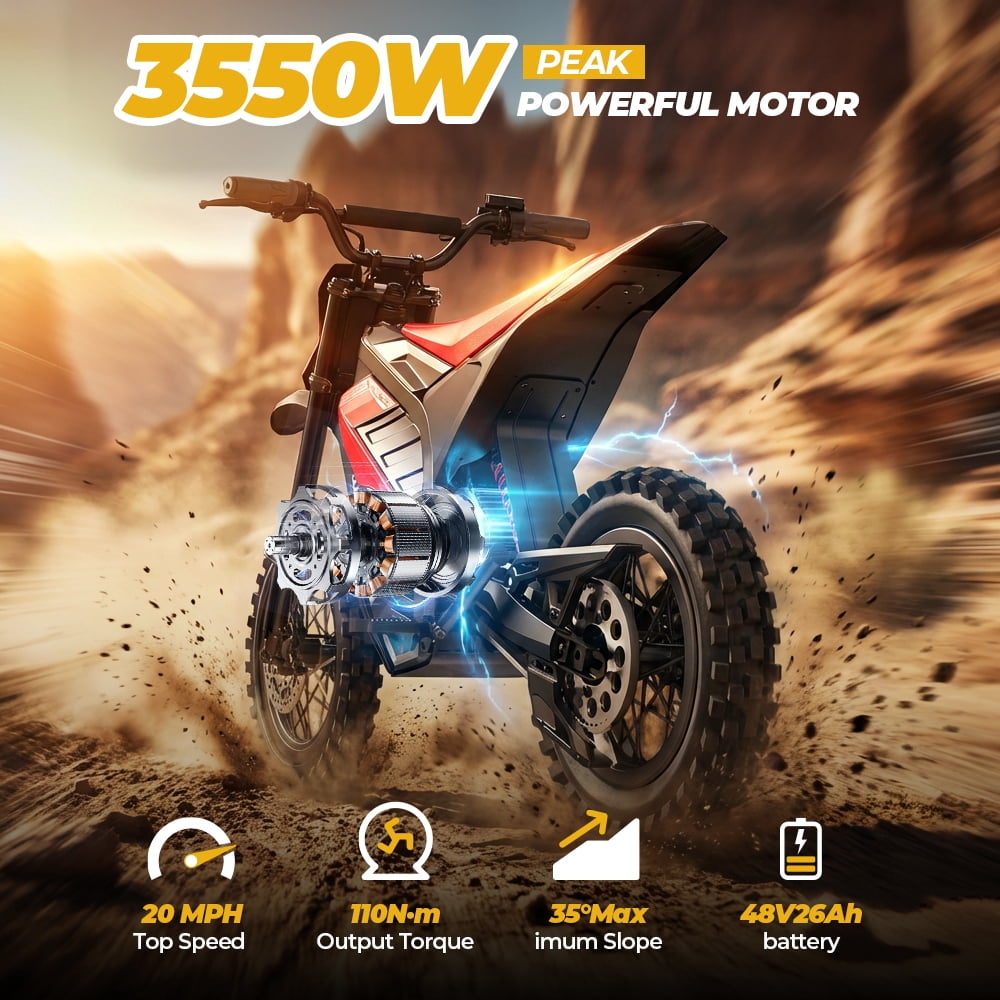 Electric Dirt Bike, 3350W, 38MPH & 35 Miles, 48V/26AH Removable Battery, 14"/12" Tire, Full Suspension, Mountain Off-Road E Dirt Bike for Adults & Teens