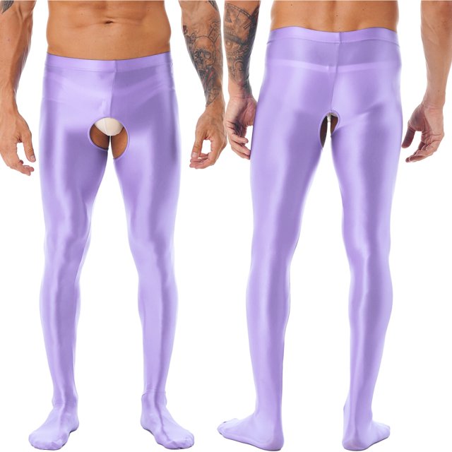 Mens Sexy Glossy Crotchless Pantyhose High Waist Elastic Waistband Hot Pants Stretchy Leggings Lingerie Nightwear ClubwearXL Gong Bohan LED