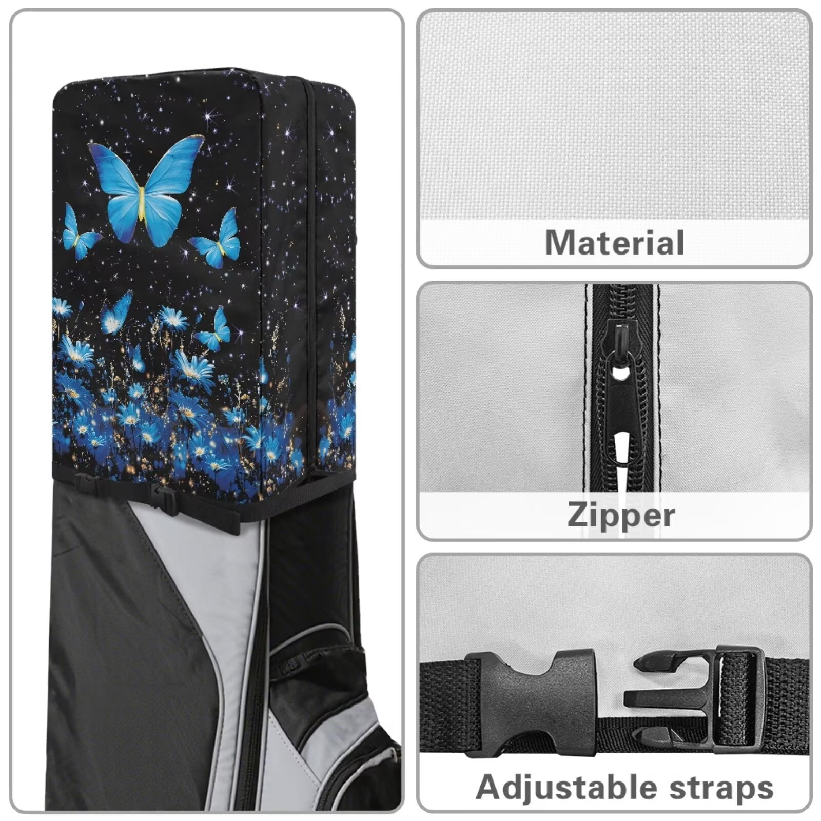 Chririnla Blue Butterfly Floral Golf Bag Rain Cover Waterproof Hood with Snap Button Dust Cover for Clubs Universal Fit for Stand Bags, Cart Bags & Tour Bags