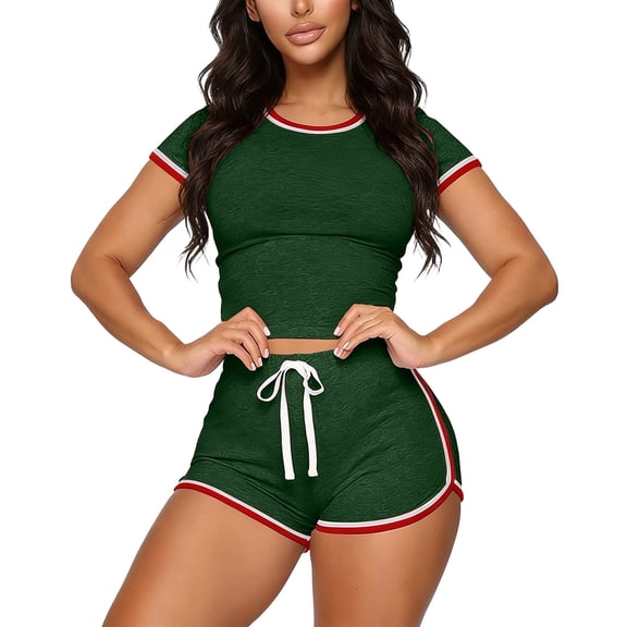 Maqroz Women 2 Piece Outfits Sets Summer Short Sleeve Crew Neck Cropped Top and Shorts Set Drawsting Elastic Waist Casual Vacation Travel 2026 Green XL