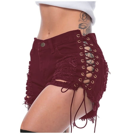 Women s Lace Up Ripped Hole Denim Shorts Mid Rise Side Straps Sexy