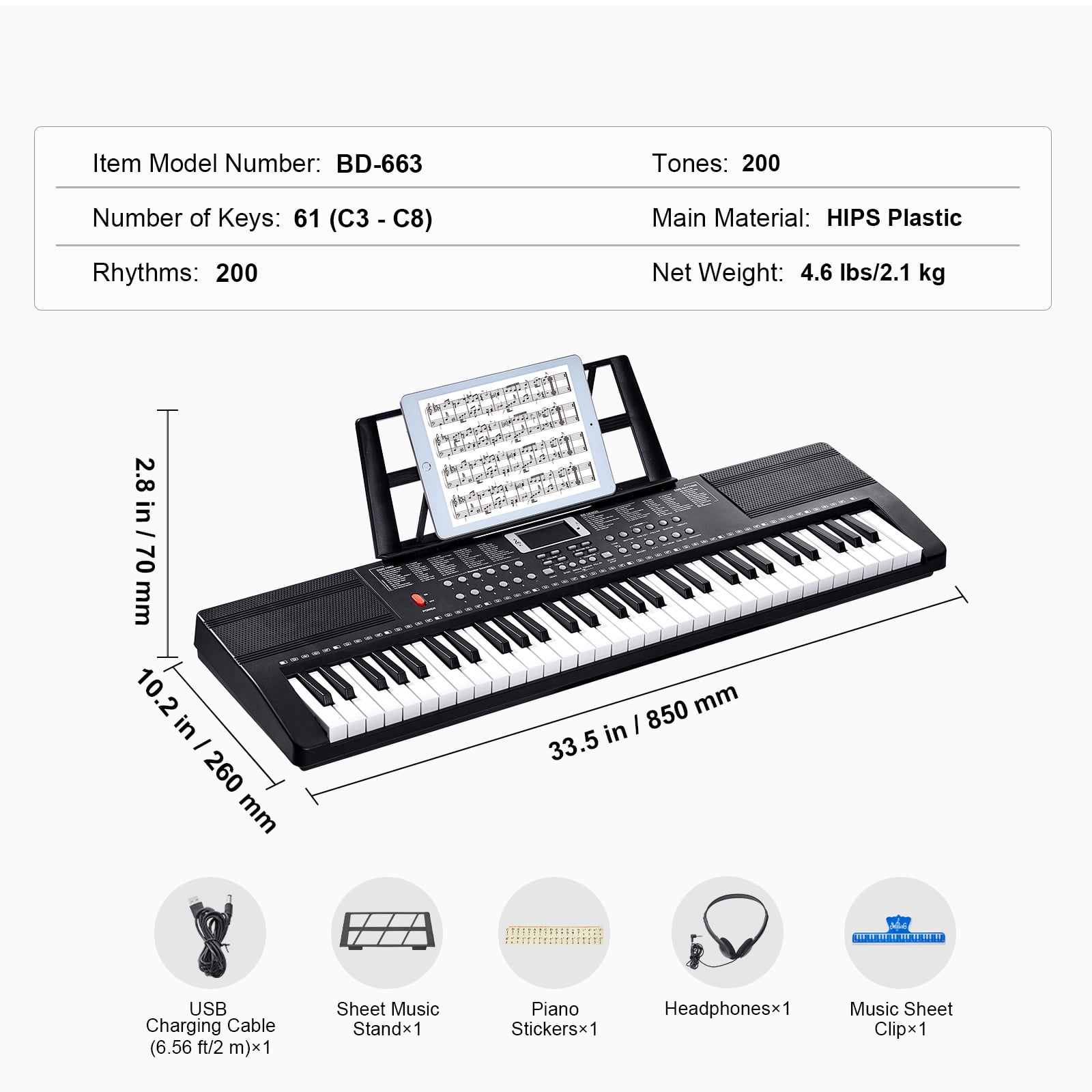 KFFKFF 61 Key Electric Piano Keyboard, Semi-Weighted, 200 Unique Rhythms. Compact Digital Piano Includes 60 Preloaded Songs, Integrated Dual Speakers, Headphones Learning Stickers for Novices.