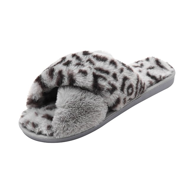 Zapatillas de felpa de leopardo suave con banda cruzada para mujer, zapatillas peludas, zapatos con punta abierta, diapositivas para interiores y exteriores