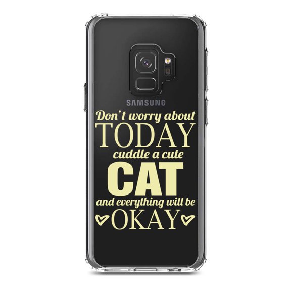 DistinctInk Clear Shockproof Hybrid Case for Samsung Galaxy S9 (5.8" Screen) - TPU Bumper Acrylic Back Tempered Glass Screen Protector - Cuddle a Cat Everything Will Be Okay