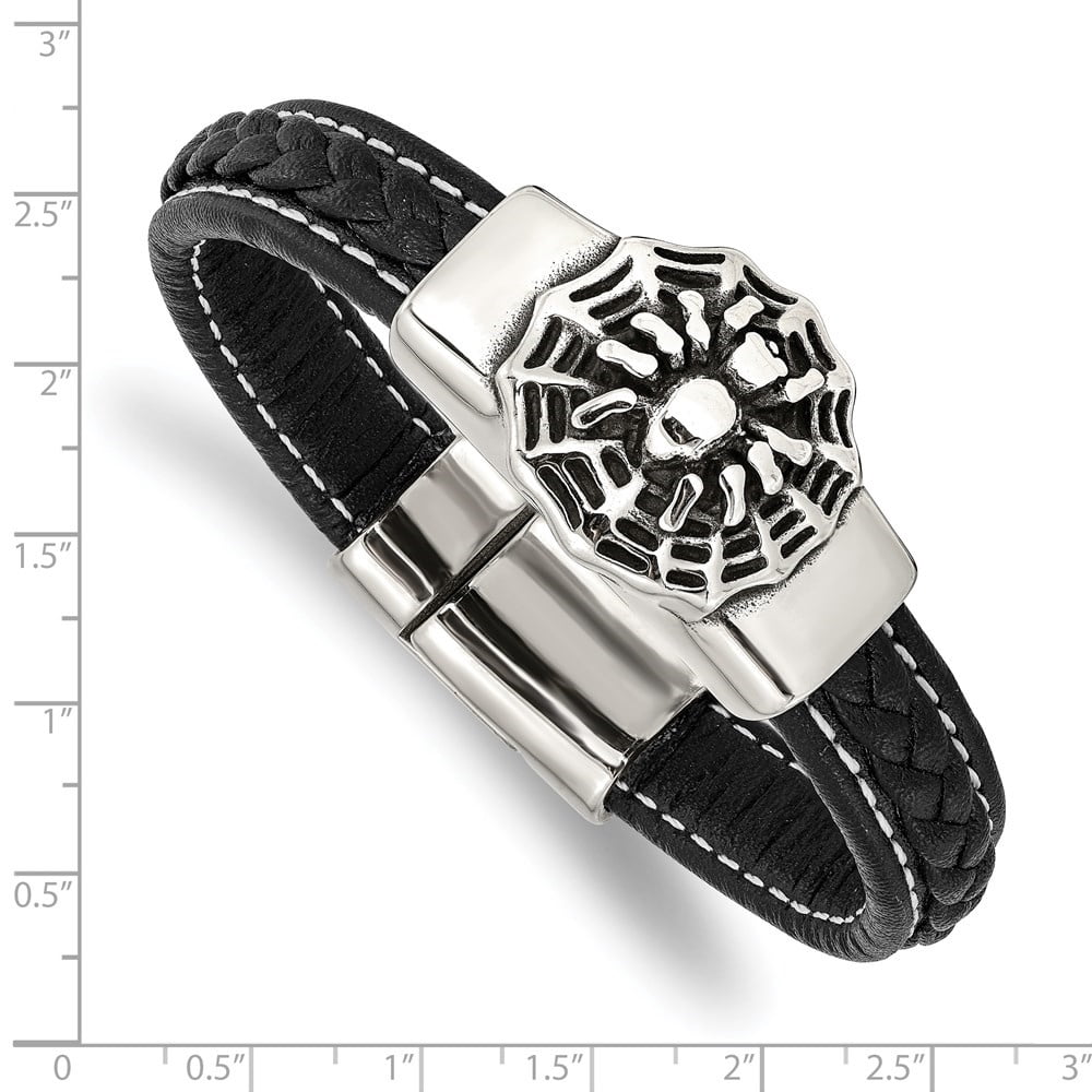 Diamond2Deal Stainless Steel Antiqued and Polished Spider Black Braided Faux Leather Bracelet for Men 8.5"