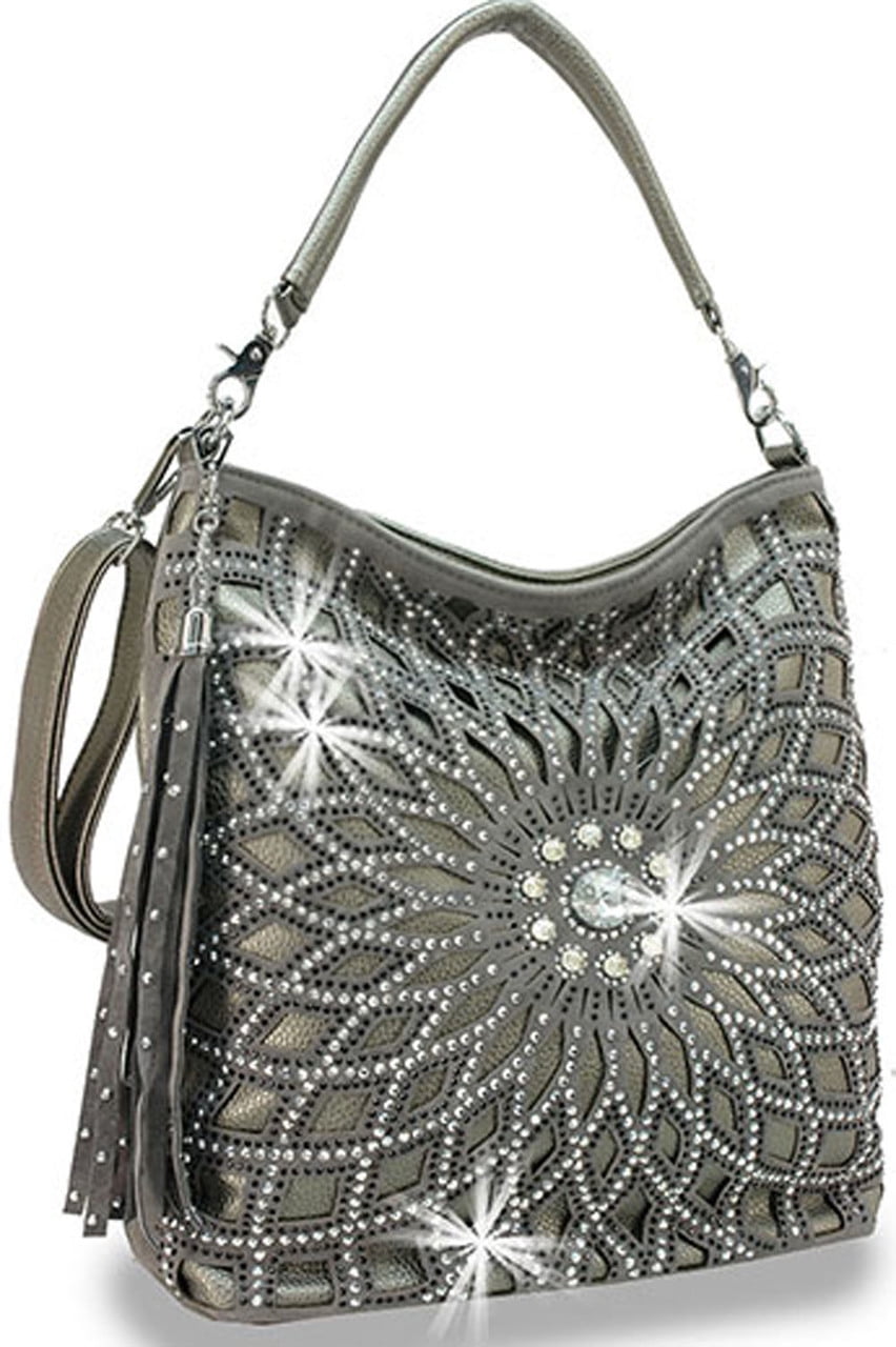 Zzfab Starburst Rhinestone Hobo Bag with Shoulder Strap Pewter