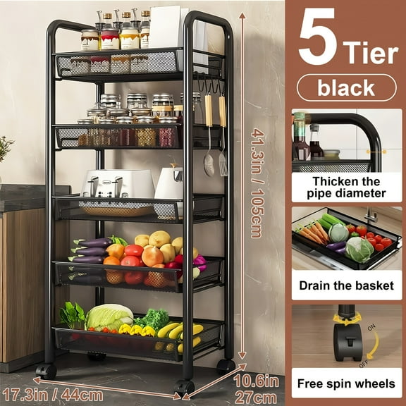 Heavy-Duty 3/5-Tier Rolling Storage Cart - Carbon Steel Utility Trolley with Removable Shelves, Hooks & Basket, Locking Wheels for Kitchen, Pantry & Office