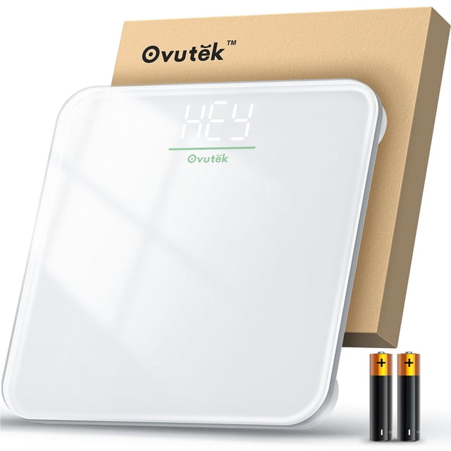 Báscula de baño Ovutek para medir el peso corporal, báscula digital de alta precisión para personas, incluye baterías mejoradas, tamaño compacto, pantalla LED, báscula médica con vidrio templado resis