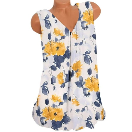 

nsendm All Cotton Pajamas Women Womens Summer Tops Loose Floral Print Tunic Tops Casual V Neck Basics Womens Tops Women Vest Yellow X-Large