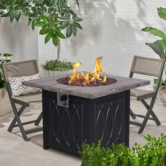 32 Inch Steel Propane Gas Fire Pit Table Faux Wood Tabletop Hideaway Tank Holder Fire Table Protective Cover With Lid Fire Heater Smokeless Stable Fire Fireplace