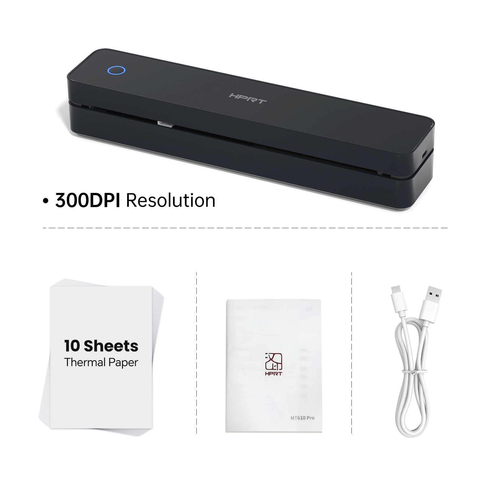 HPRT 610Pro Portable Thermal Printer - 300DPI Wireless Bluetooth Inkless Printer for Travel, Office, and Home, Supports US Letter & A4