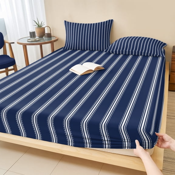 Twin Sze Fitted Sheet Set - Navy Blue Striped 2 Piece Bedding Sets 16" Deep Pocket Fitted Sheet with 1 Pillowcase, Navy Blue White Farmhouse Stripes Brushed Microfiber Hotel Luxury Bed Sheets