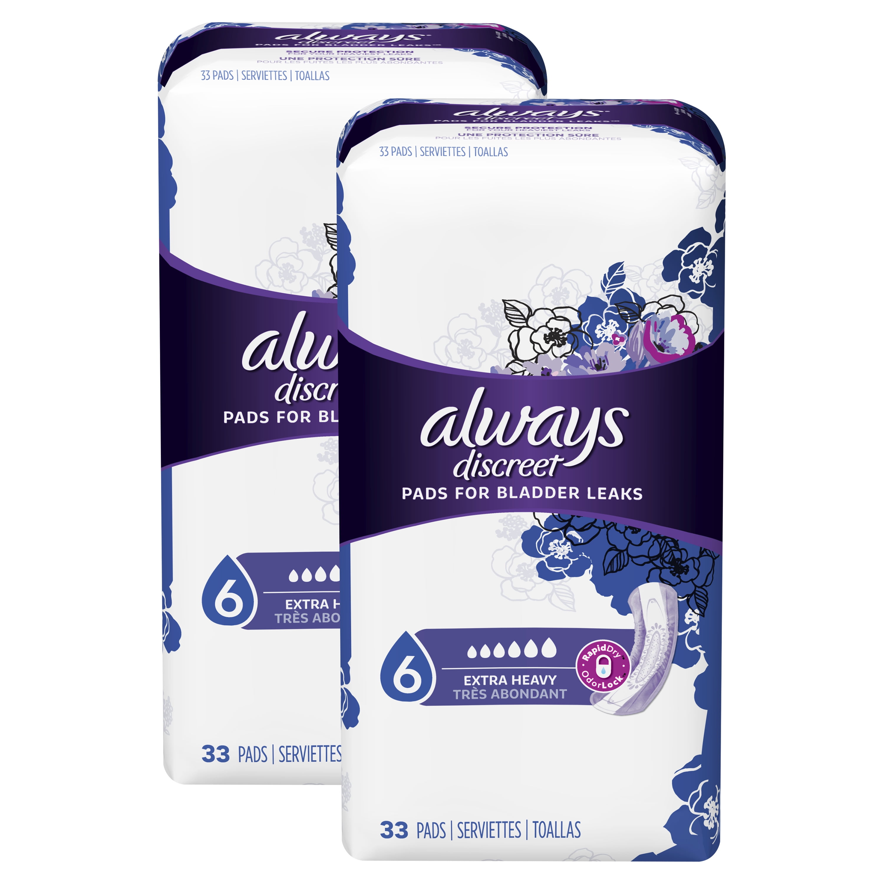 Always Discreet Incontinence Pads for Women, Extra Heavy Absorbency, 66 Count