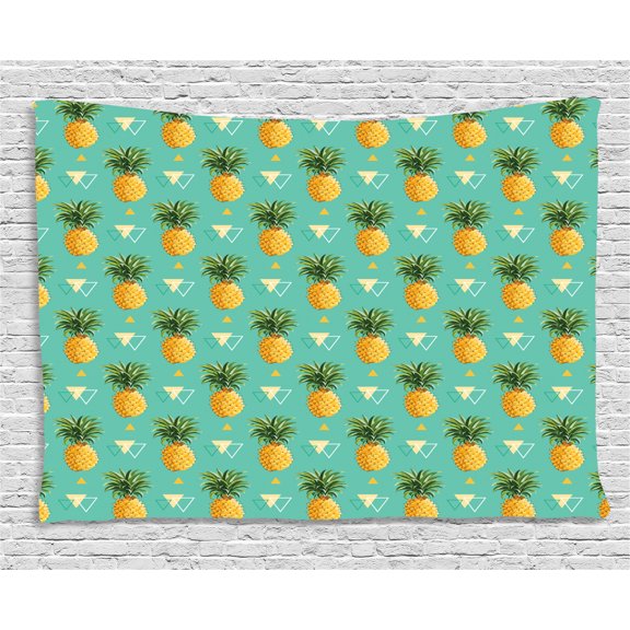 Pineapple Tapestry, Hipster and Artistic Pineapples Tropic Fruits Design with Triangles, Wall Hanging for Bedroom Living Room Dorm Decor, 80W X 60L Inches, Turquoise Ginger Green, by Ambesonne