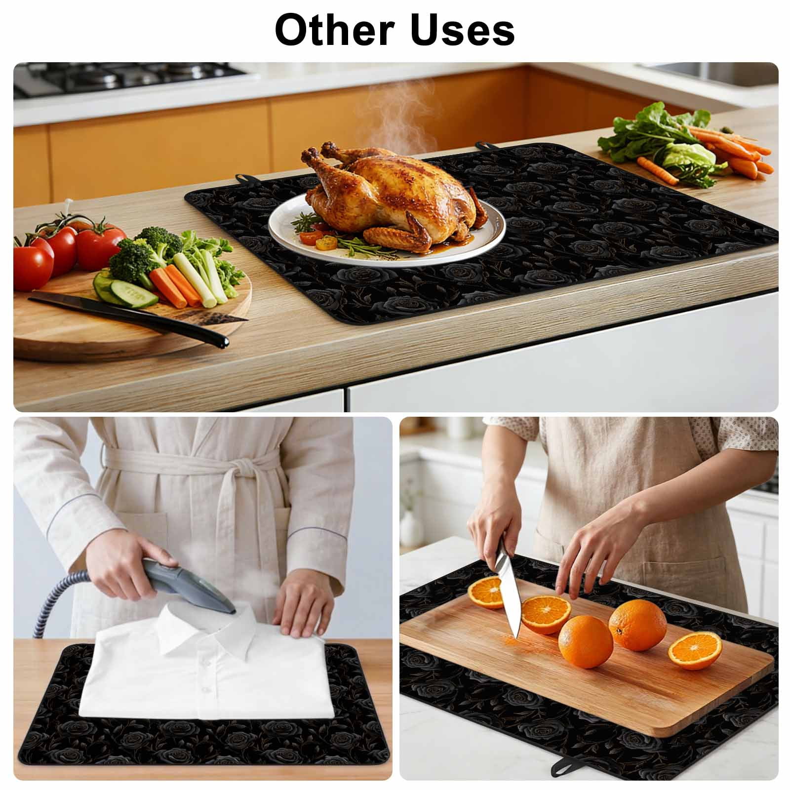 Black Flower, Stove Top Cover for Electric Stove, Heat-proof & Non Slip Glass Top Stove Cover Protector, Abstract Vintage Botanical Floral Plant Kitchen Flat Cooktop Rubber Mat 24x21 Inches
