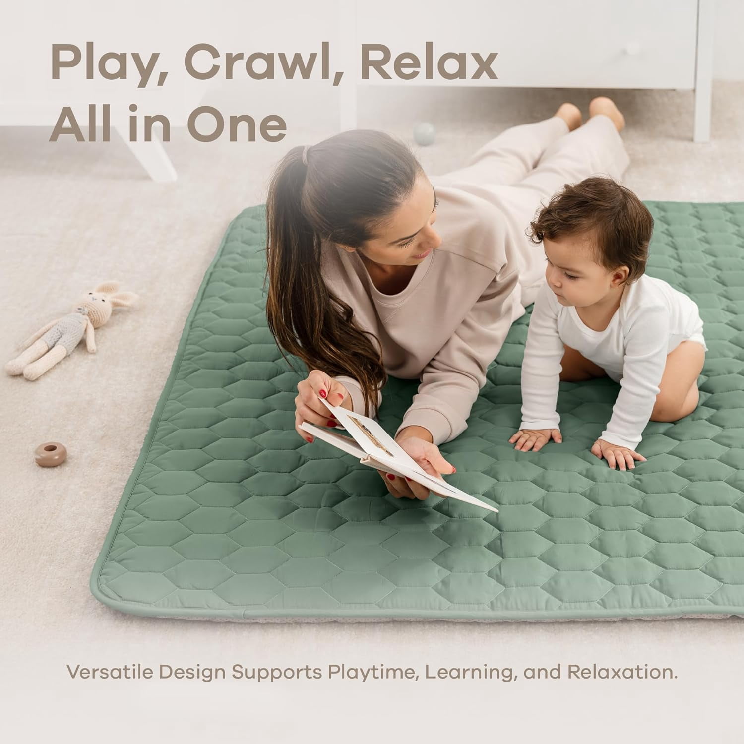 Comfy Cubs Premium Play Mat, Square 56"x56" - Kids & Toddler Mat, Non-Slip Bottom - Fern