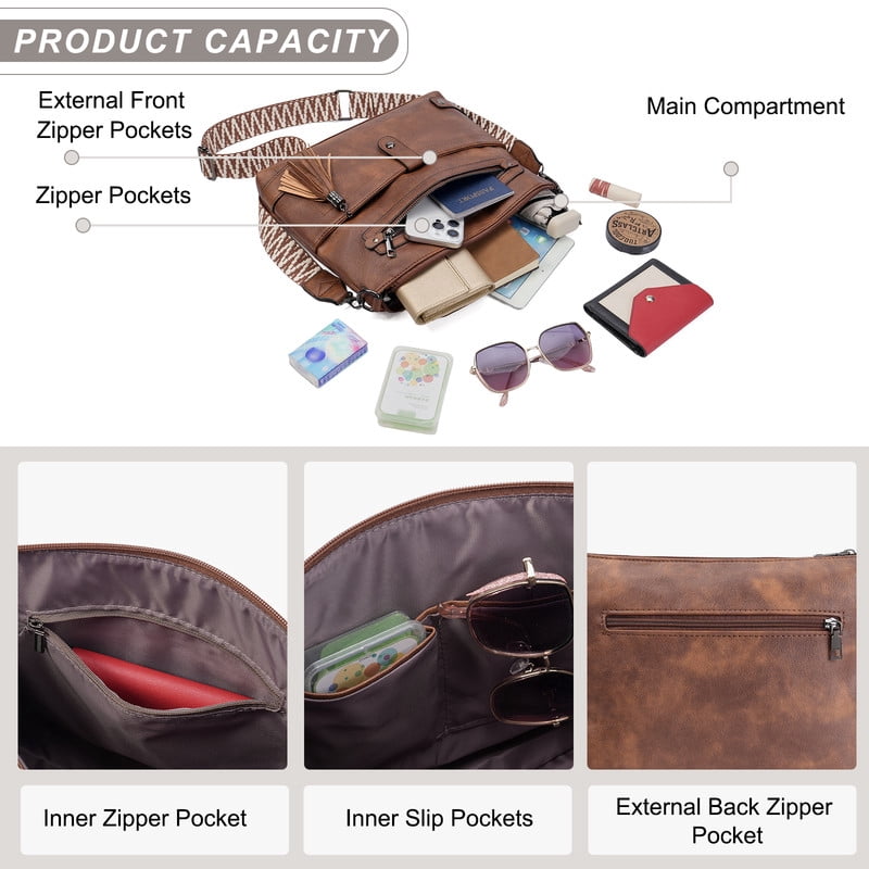 GAEKEAO Large Crossbody Bags for Women Multi Pocket Leather Crossbody Purse Designer Shoulder Bag Adjustable Strap Everyday Travel Handbag