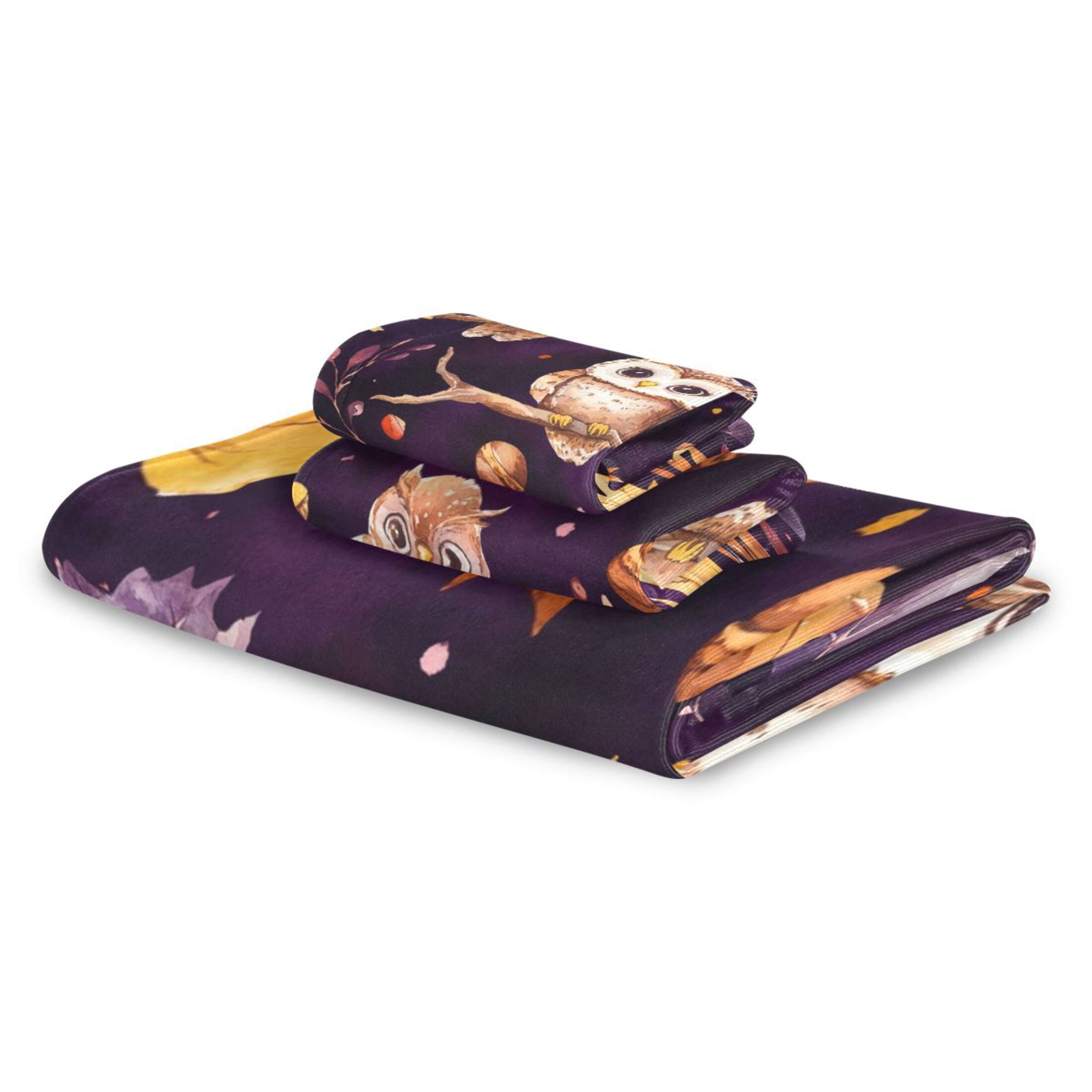 WOBOGO Adorable Baby Owls and Acorns Pattern Ultra Soft 3 Pack Cotton Towel Set for Everyday Use Lightweight and Compact