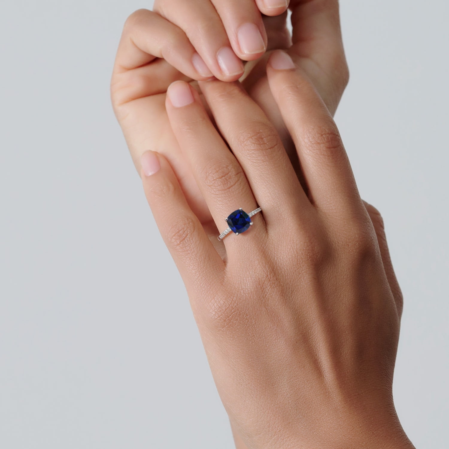 Gem Stone King 925 Sterling Silver Blue Created Sapphire Engagement Ring for Women (2.62 Cttw, Cushion Cut 8MM, Available in Size 5, 6, 7, 8, 9)
