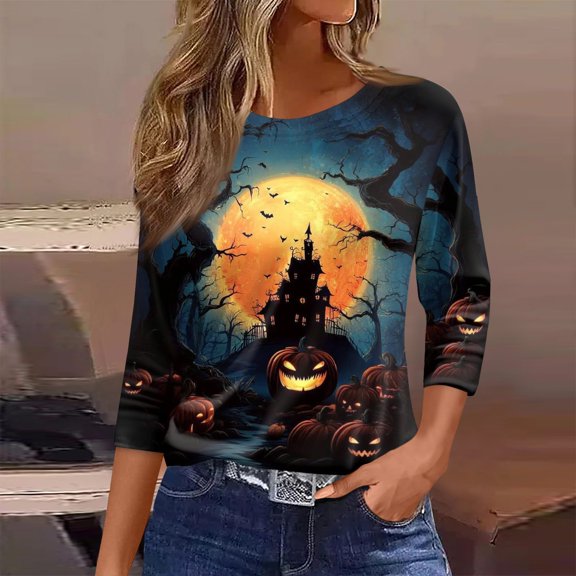 Domuza Women's Halloween Shirts Fall Casual Crew Neck 3/4 Sleeve T-Shirts Horror Funny Graphics Vintage Pullover Halloween Costumes-E M