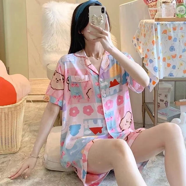 Sanrio-Conjunto de pijama de Hello Kitty Cinnamoroll, ropa de casa informal, cárdigan suelto, pantalones cortos de manga corta, sección delgada, Kawaii, Verano