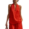 thumbnail image 2 of Cotton Linen Halter Tops for Women Flowy Sleeveless Loose Fitting Tank Top Beach Summer Casual Plain V Neck T Shirts Red M, 2 of 8