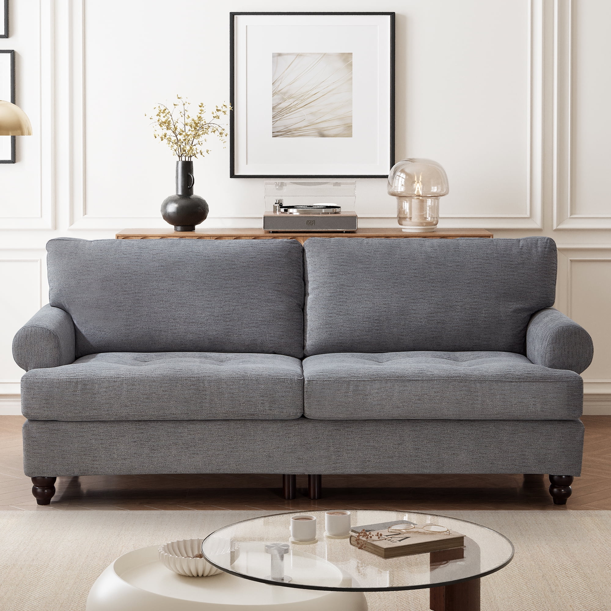 Me'on 81" Rolled Arm Sofa Couch with Storage, Mid Century Modern Decor Upholstered Couches for Living Room, Button Tufted Loveseat for Bedroom, Blue