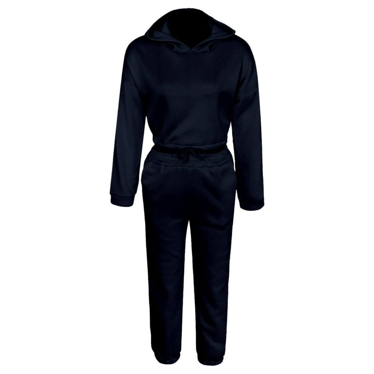 Hvyesh Clothing Clearance Tracksuit for Women Set Y2K 2 Piece Outfits Long  Sleeve Hooded Cropped Sweatshirts Elastic Waist Jogger Pant Sets Navy L 