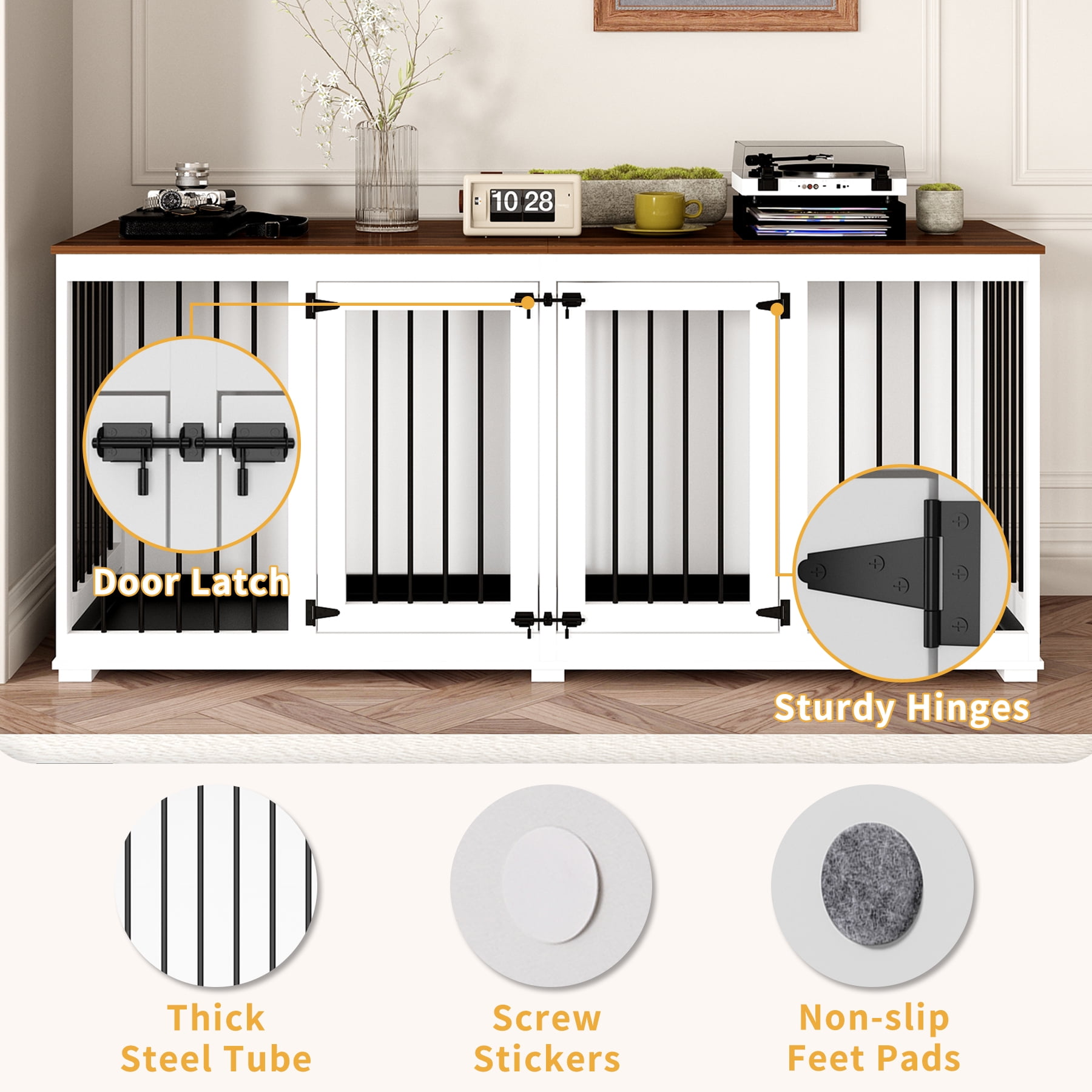 NARTRU 70.9" Large Double Dog Crate Kennel Furniture with Trays and Divider for Small Medium Large Dogs Indoor, White