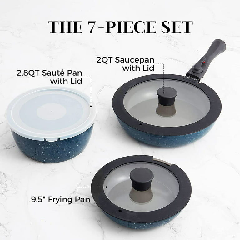 Pots and Pans Set, 7pcs Ceramic Nonstick Cookware Set, Removable Handle, Suitble for Camping, RV, Inducton - 7pcs -Sapphire Blue