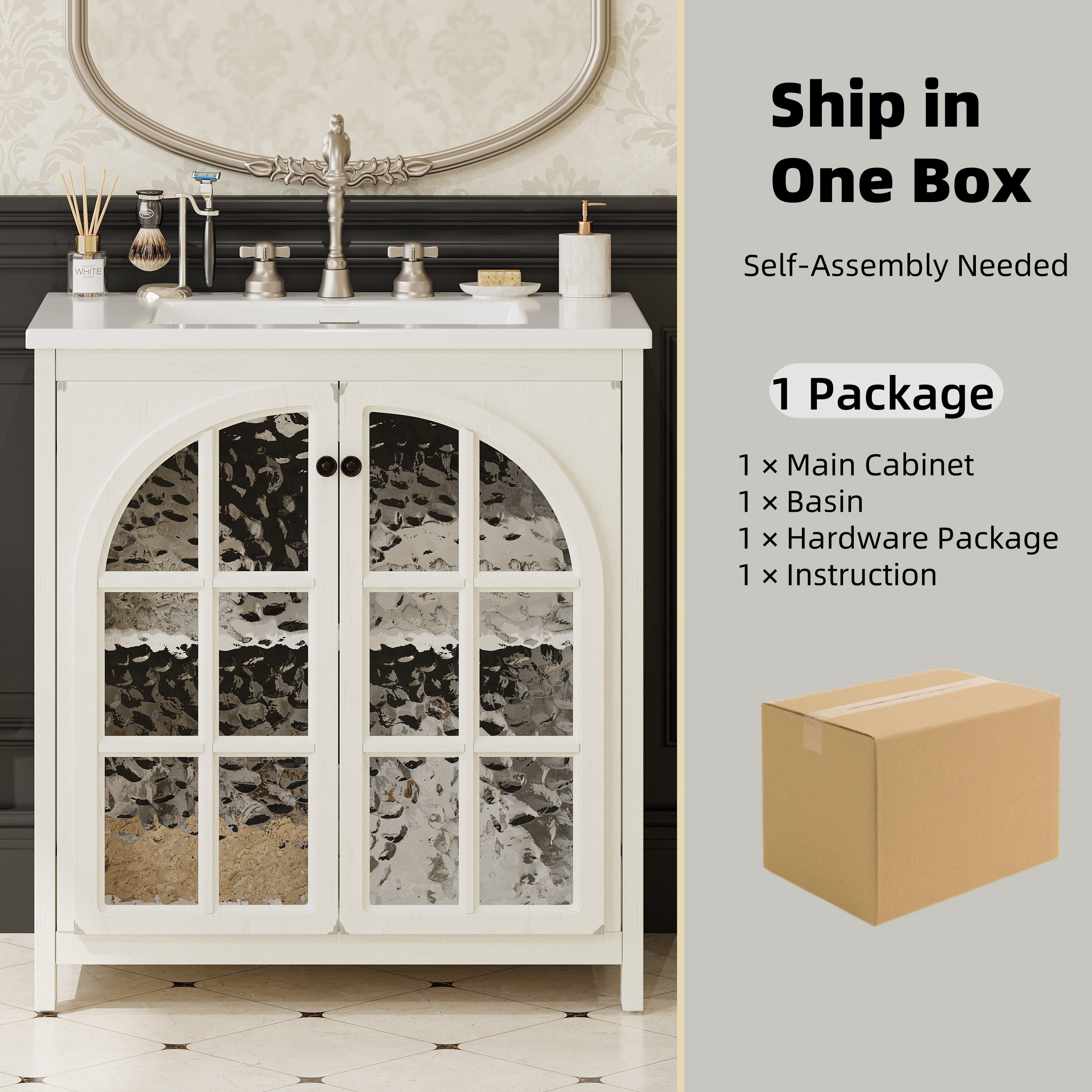 Euroco 31" Farmhouse Bathroom Vanity with Ceramic Sink, Vintage Rustic Bathroom Cabinet with Bronze Pulls and 2 Soft-Closing Doors, Antique White
