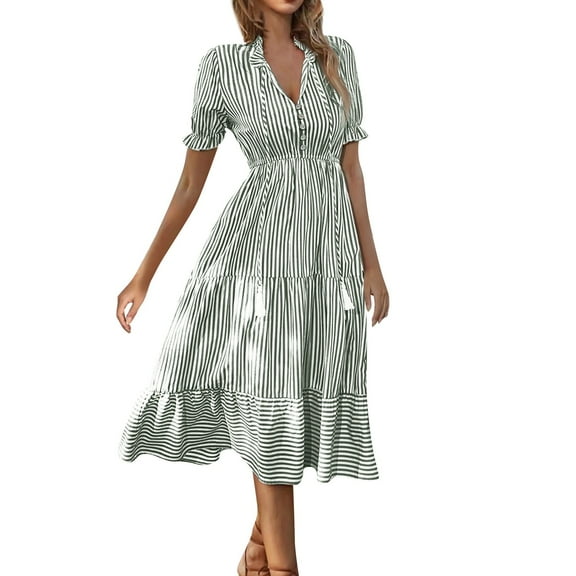 SnnmBlm Women's Summer Ruffle Puff Sleeve Dress Short Sleeve V Neck High Waist Casual Loose Striped Midi Dresses Army Green M