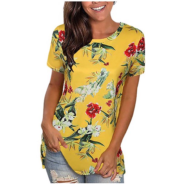Tops estampados de manga corta de ocio con cuello redondo de verano a la moda para mujer Fridja ghk5507