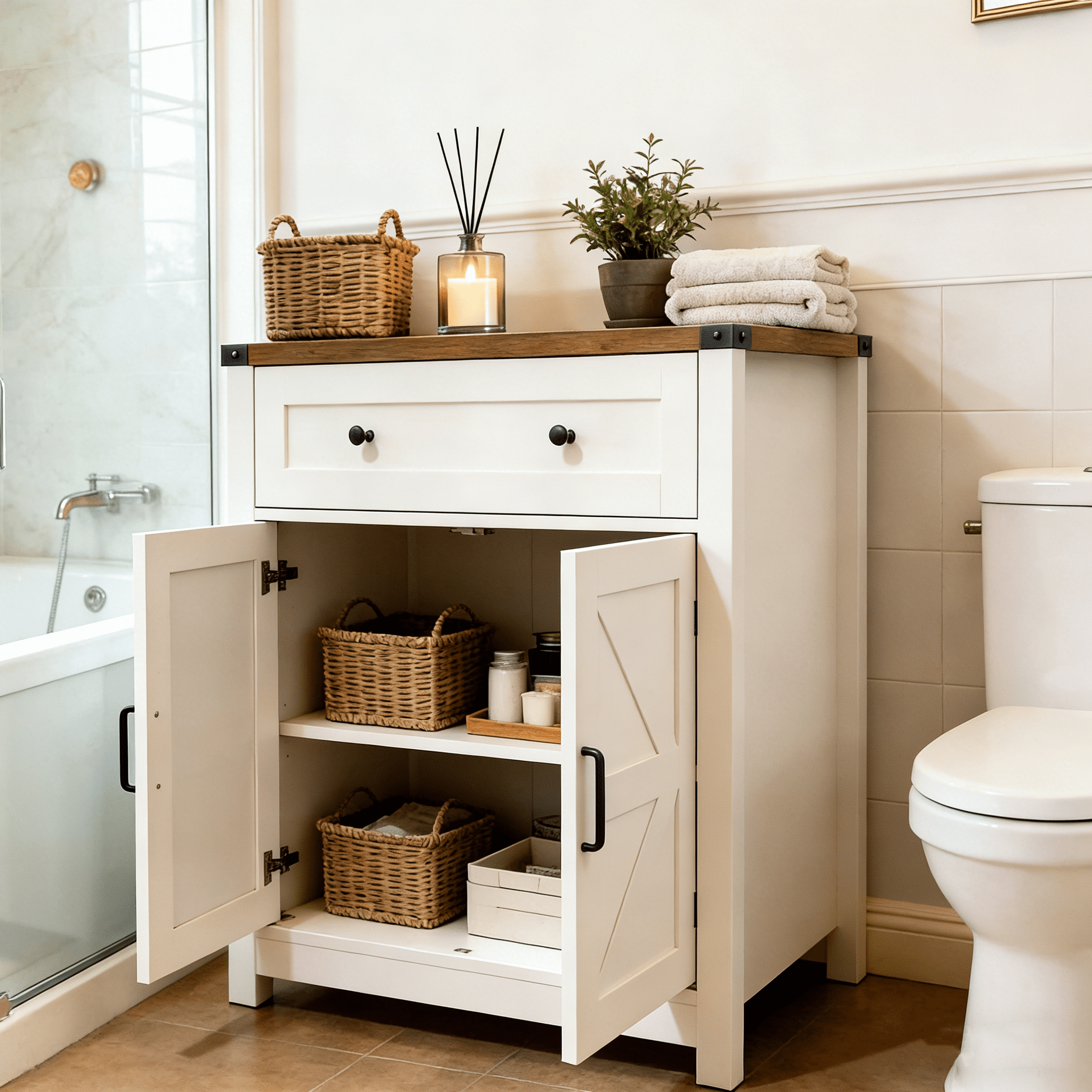Mintazer Farmhouse Sideboard Cabinet with Barn Doors & Drawer, Rustic Storage Cabinet for Kitchen & Living Room, White