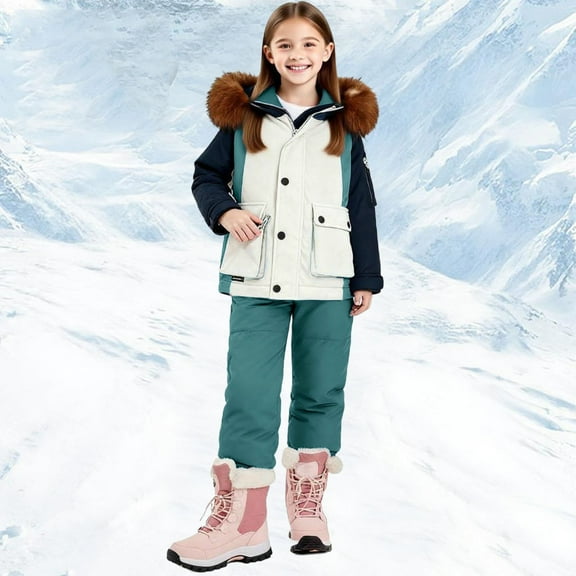 ATOGUTA Girls 2 Piece Snowsuit 2-Piece Waterproof Snowsuit Cozy Hooded Puffer Jacket and Ski Pants Set Size 1-5T, Green