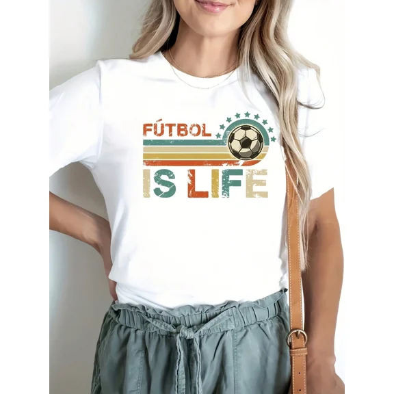 Women's Casual Round Neck Short Sleeve T-Shirt With Soccer Letter Print, Sporty Top For Spring_Summer