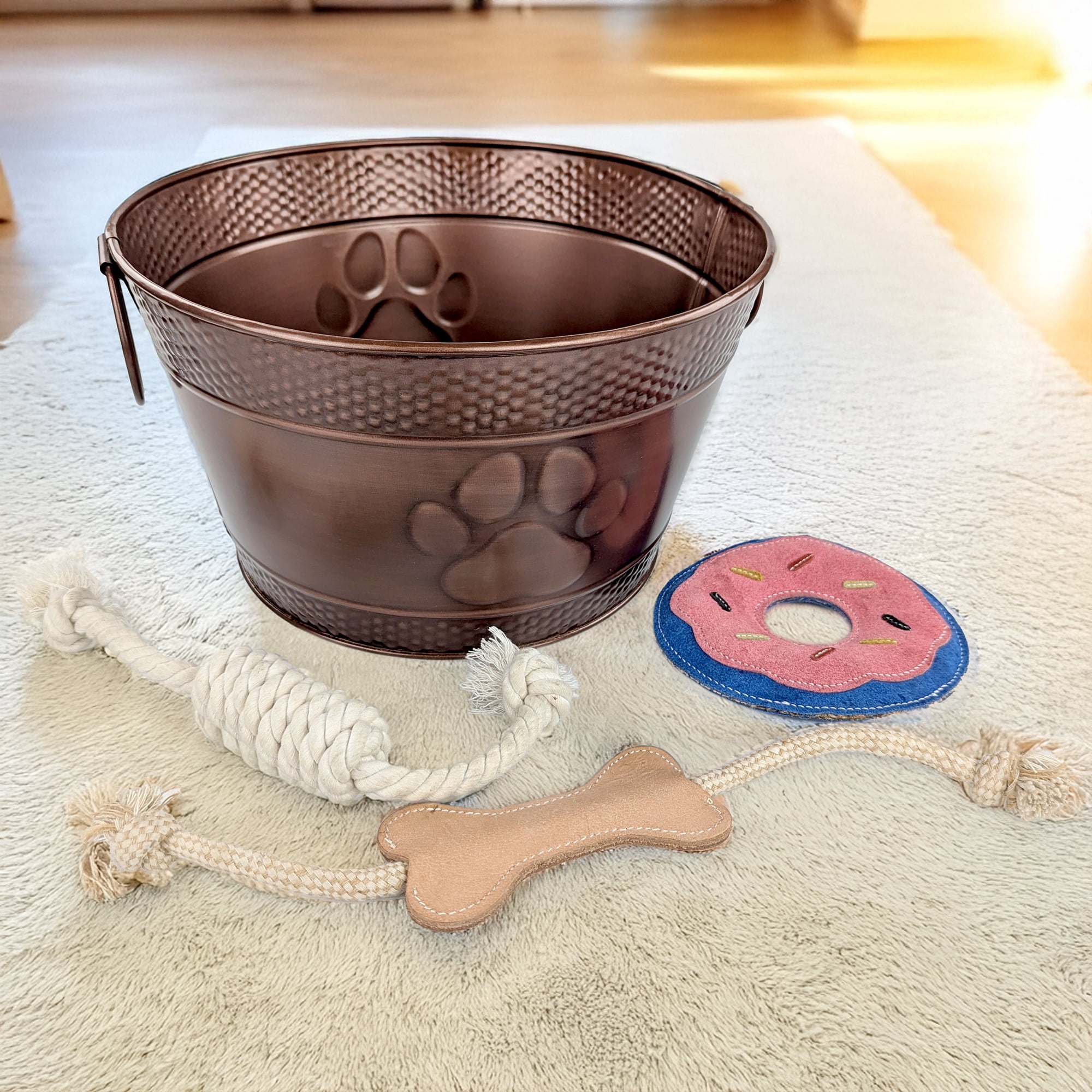 BREKX Home + Party Metal Dog Toy Box with 3 Dog Toys, For Aggressive Chewers, Bronze, Round & Paw