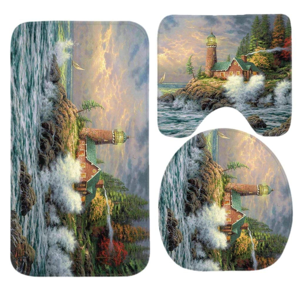CHAPLLE Lighthouse Artistic Painting Original 3 Piece Bathroom Rugs Set Bath Rug Contour Mat and Toilet Lid Cover