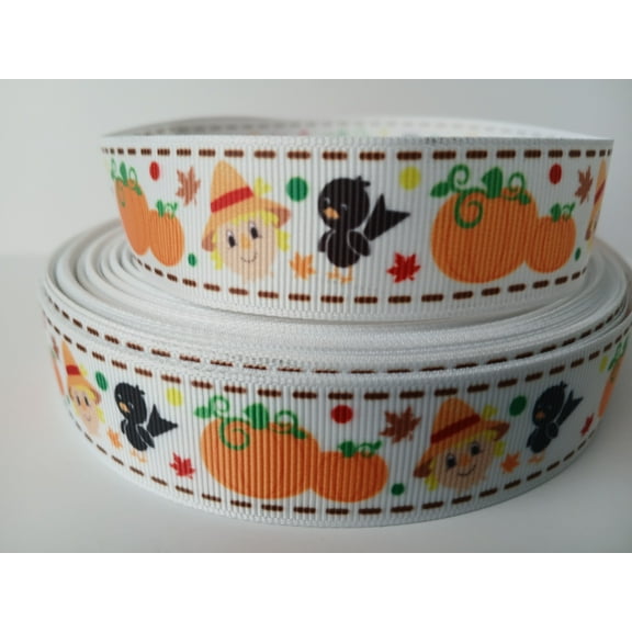 Grosgrain Ribbon Printed Garden Scarecrows Blackbirds Thanksgiving Pumpkins Fall Leaves 3 Yards 1 Inch Wide
