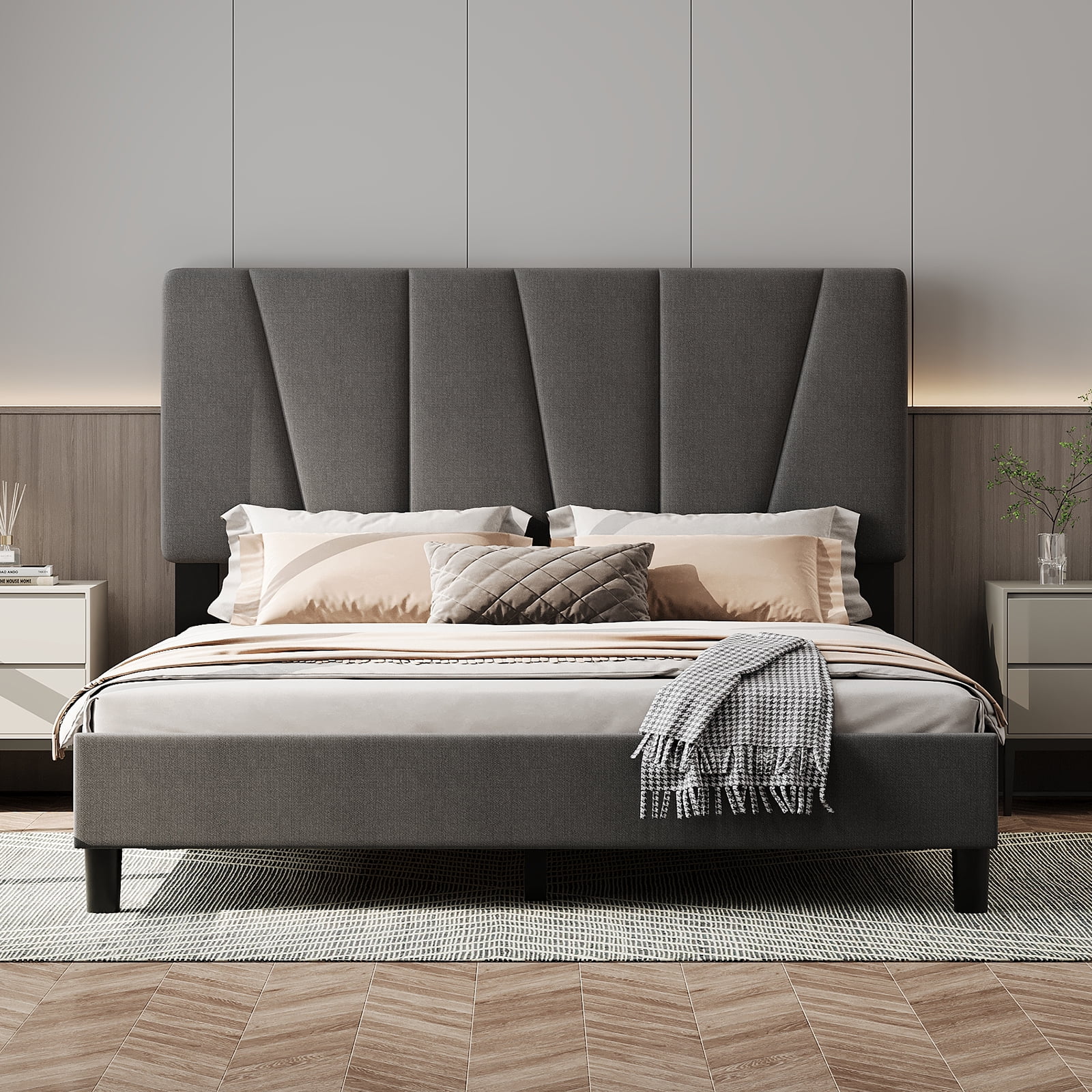Shininglove Queen Size Platform Bed Frame, Linen Upholstered Bed Frame with Headboard, Modern Mattress Foundation with Wooden Slats Supports for Twin Bed, No Box Spring Needed, Dark Gray