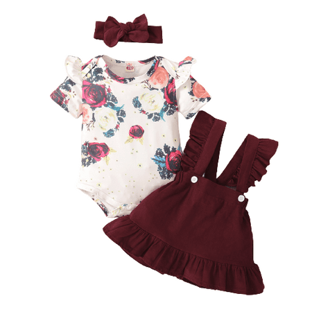 

Mikrdoo Newborn Baby Girls Clothes Floral Romper Summer Straps Suspender Skirts Headband 3Pcs OOTD Red 6-12 Months