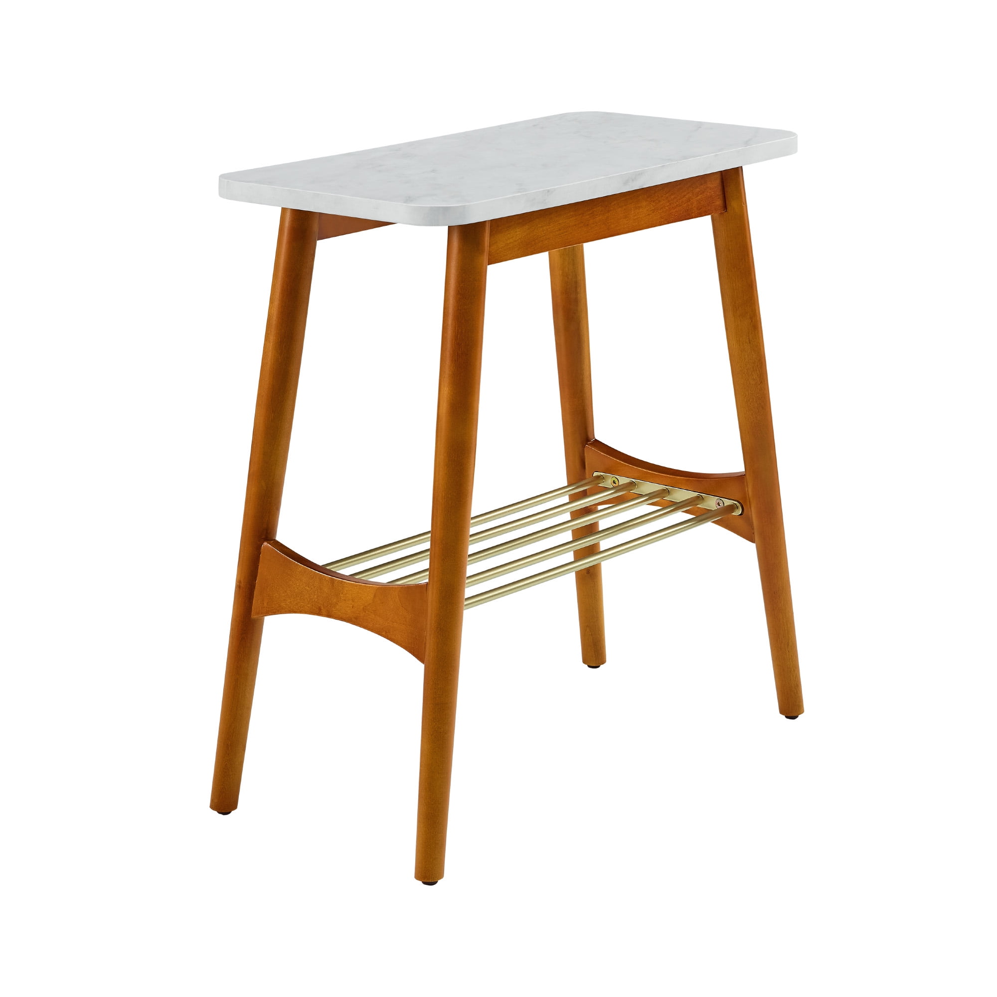 Manor Park Mid Century Modern End Table, White Faux Marble/Acorn